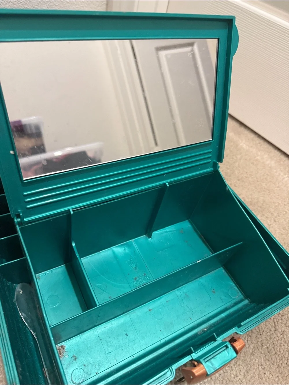 Teal Portable Storage Case with Copper Accents / make up Vintage